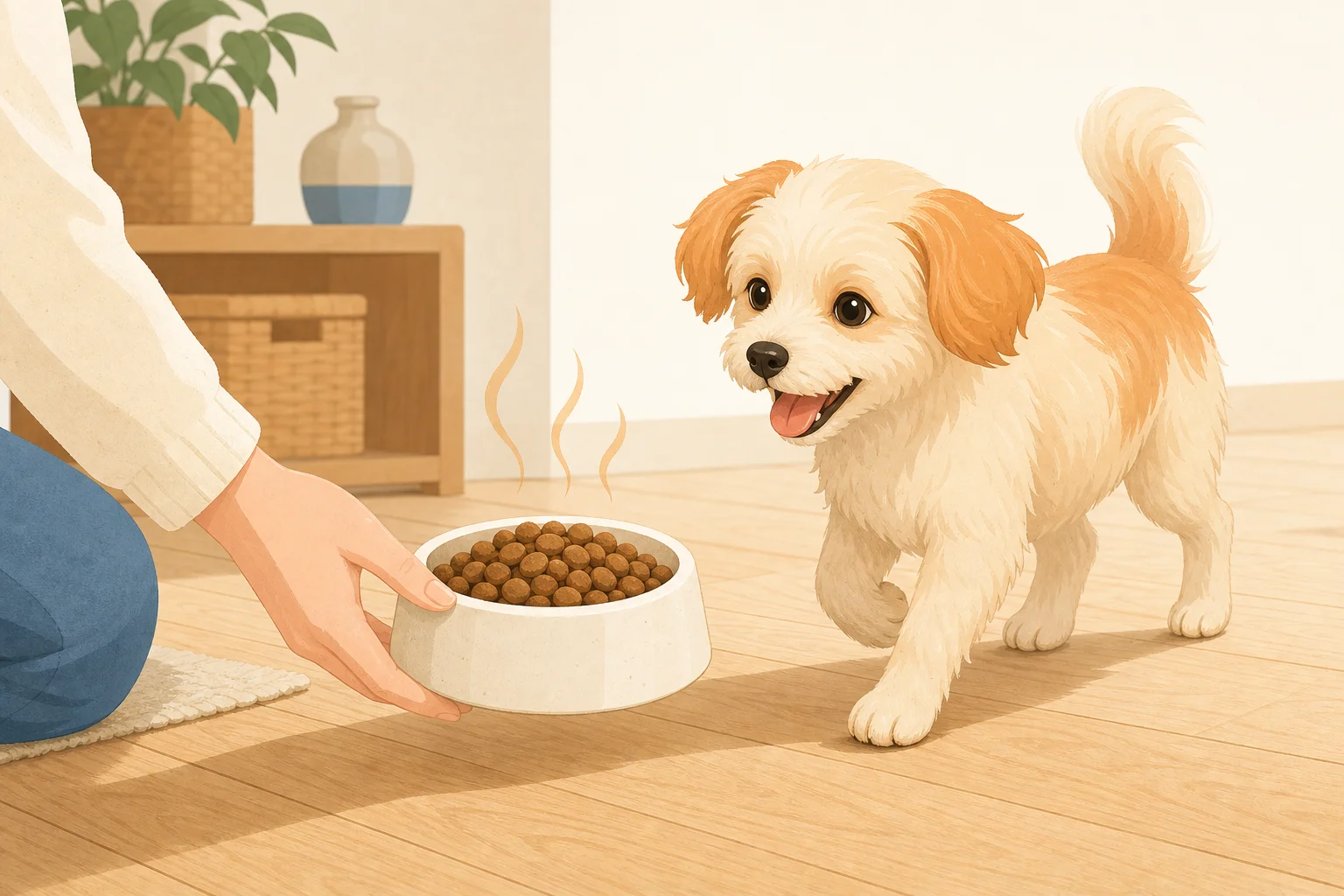 食べやすそうな小粒フードを、健康そうな犬に与えるイラスト