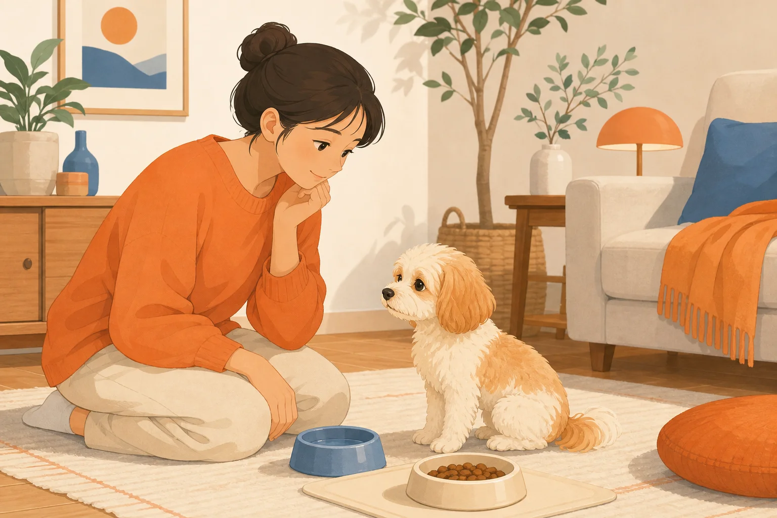 フードボウルの前の犬を、やさしく見守る飼い主のイラスト
