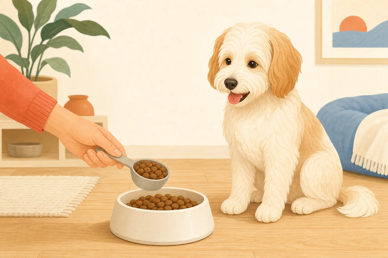 フードを計量スプーンで量り、健康そうな犬に与えるイラスト