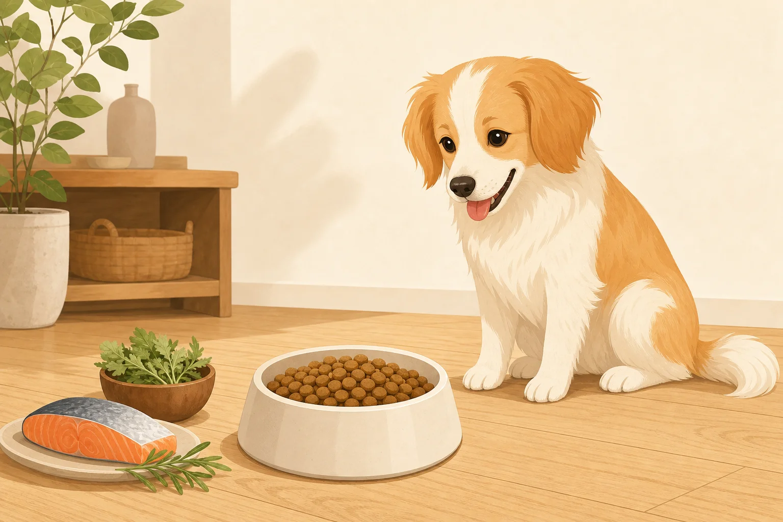 シンプルな原材料のフードと健康そうな犬のイラスト