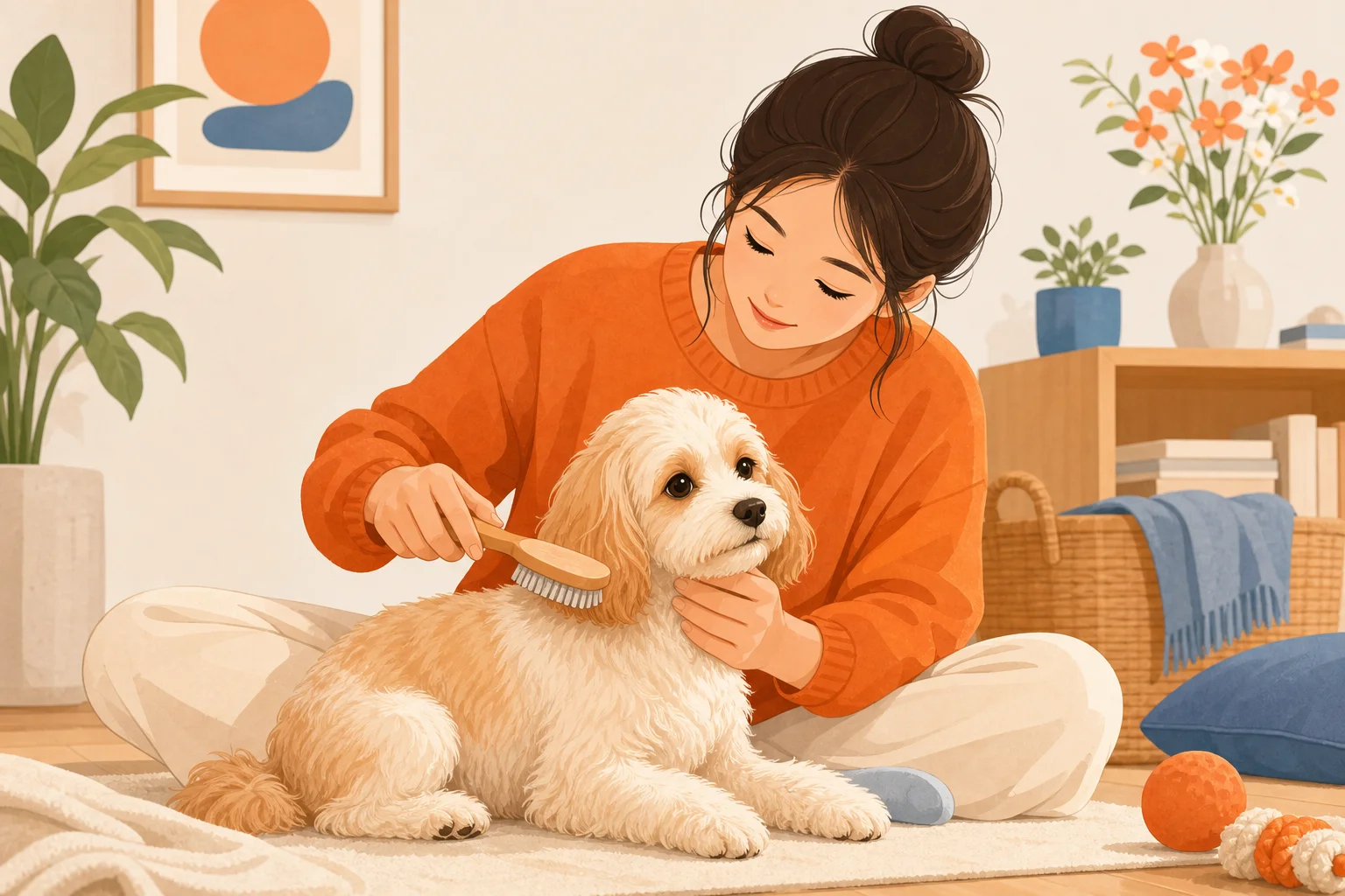 健康そうな犬の被毛をやさしくブラッシングする飼い主のイラスト
