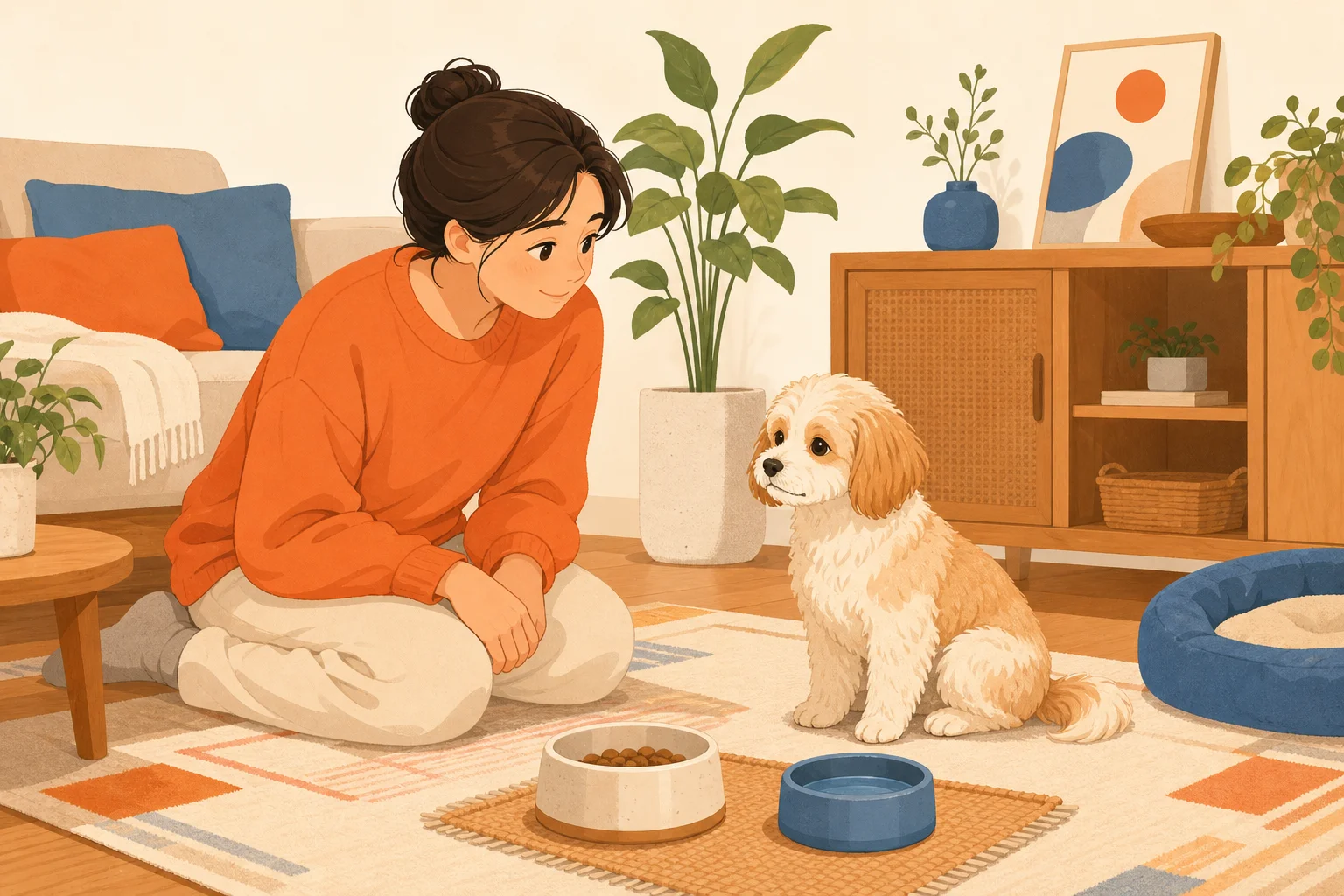 フードボウルのそばで、犬の様子を落ち着いて見守る飼い主のイラスト