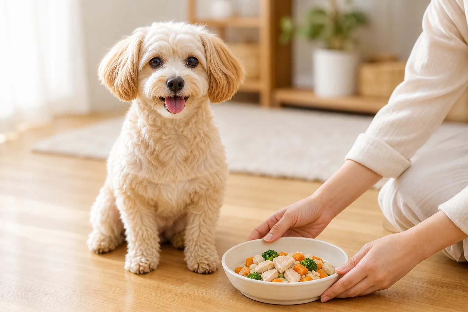 飼い主から手づくり風のごはんをもらう、健康そうな小型犬